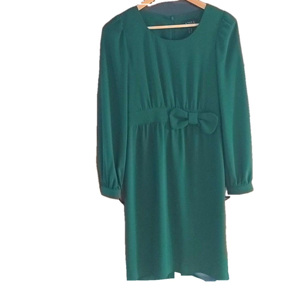 Nissa Elegant Green Dress with Bow - 6
